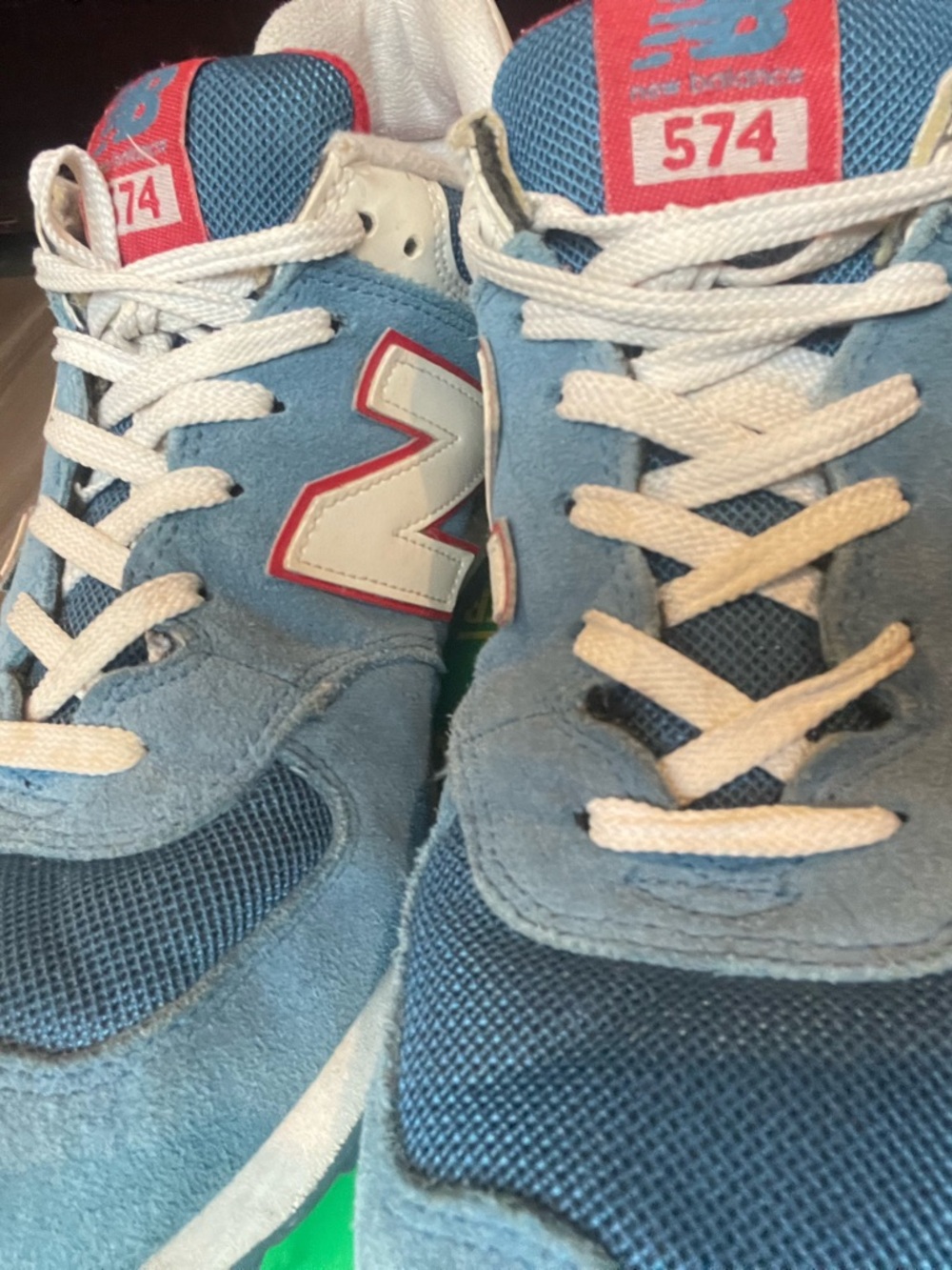 New Balance 574 Light Blue & White Suede Mesh Sneakers with Red Accents